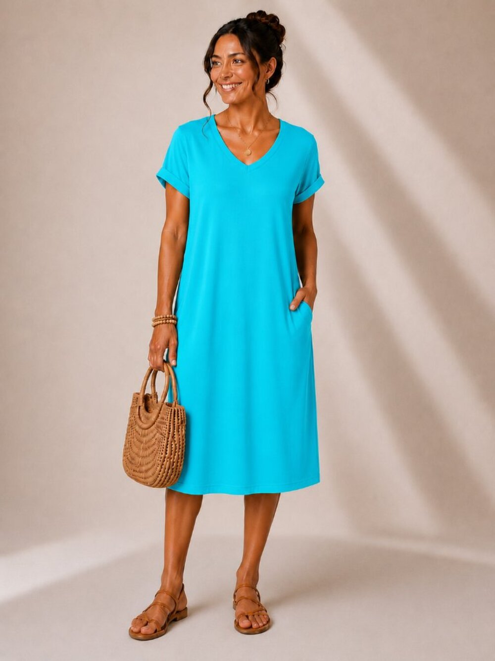 Zenana Charcoal Aqua Blue V Neck Midi Dress Large Pockets Tunic NWOT Casual